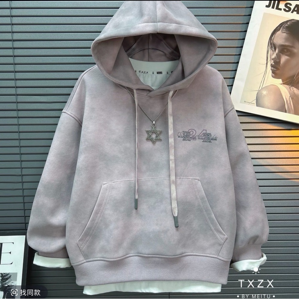 Casual Pink Gray Mixed Dyeing Hoodie with Front Pocket
